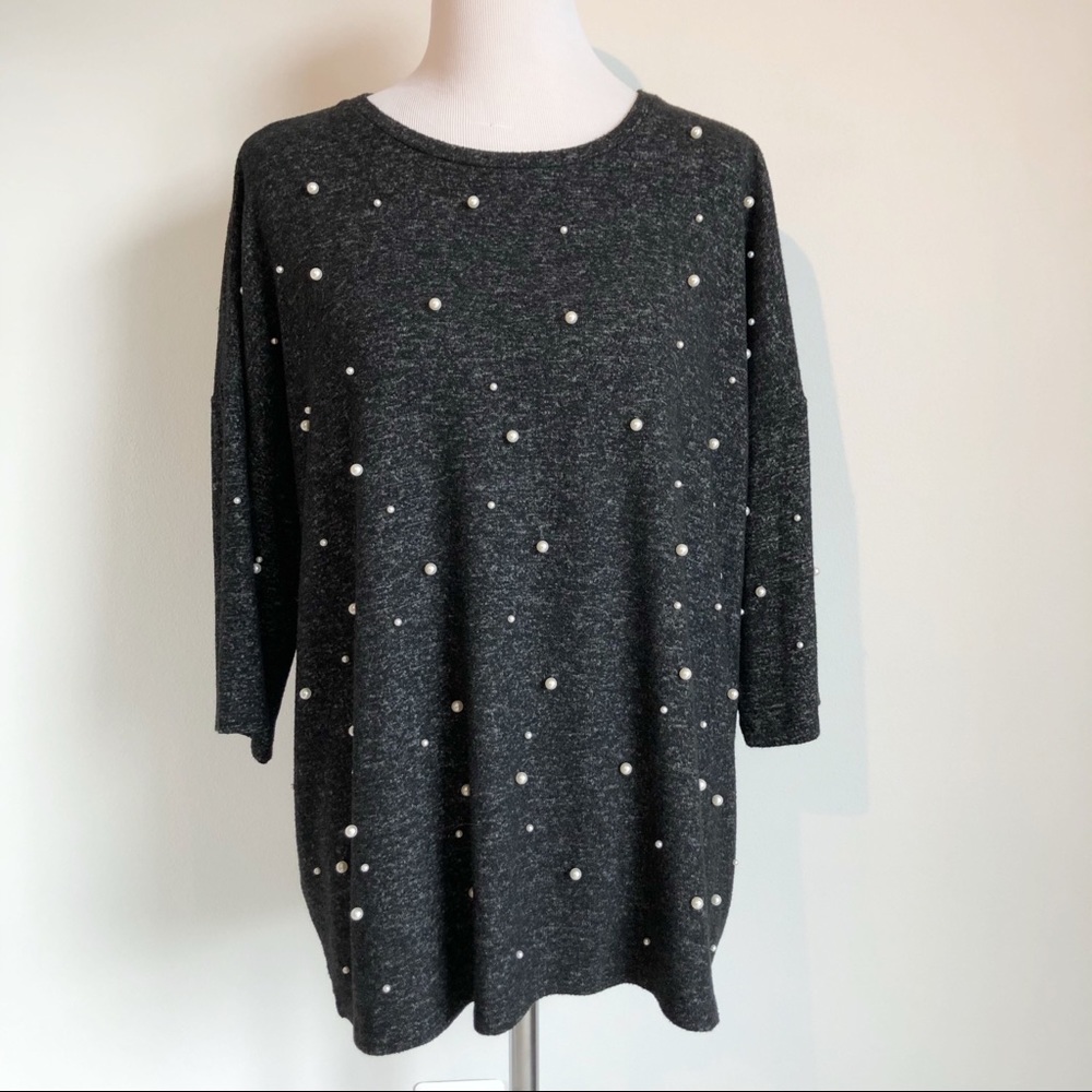 Chelsea & Theodore Grey Pearl Embellished Top, Xl - Gem